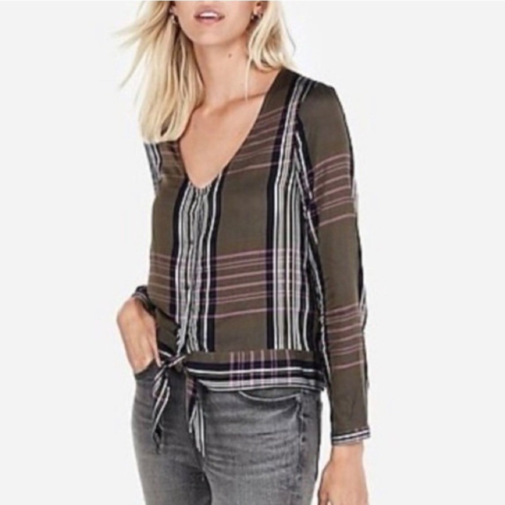 Express Women's Plaid Button Down Long Sleeve Blouse with Waist Tie Size Small